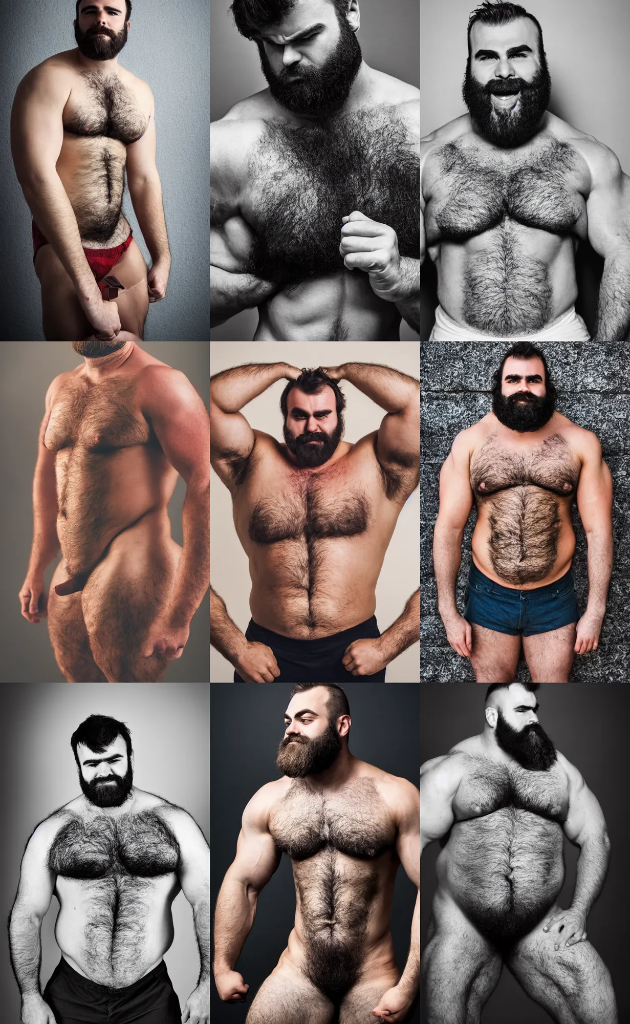 Prompt: photography of a very masculine man with thick body hair and bulging muscles