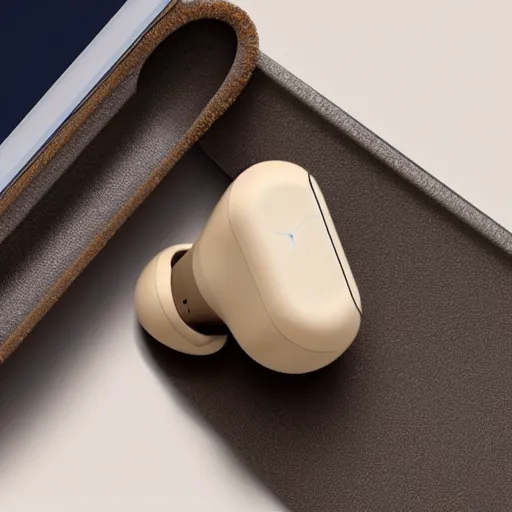 Image similar to a single beige truly wireless earbud with gold accents, beige case, studio, product photo