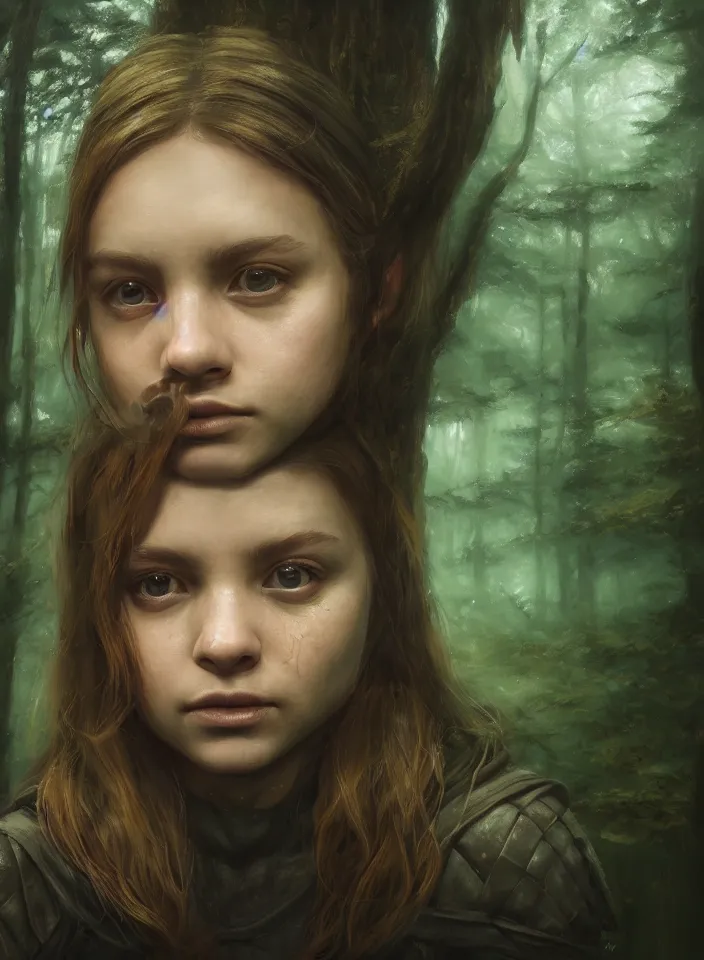 Image similar to a closeup portrait of an young girl from skyrim practicing alchemy, fantasy setting, forest environment, serene colors, soft lighting, atmospheric, cinematic, moody, in the style of diego koi, gina heyer, luiz escanuela, art by alyssa monk, depth, hyperrealism, rule of thirds, golden ratio, oil on canvas, 8 k