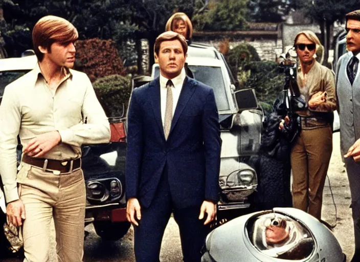 Image similar to a still from a 1 9 7 0 s spy tv show, man from uncle, mission impossible, james bond, ufo