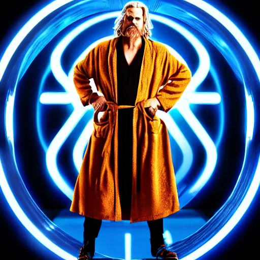 Image similar to dude lebowski dressed in bathrobe played by jeff bridges, stuck in tron realm, photorealistic movie still, detailed 8 k, poster style, high resolution