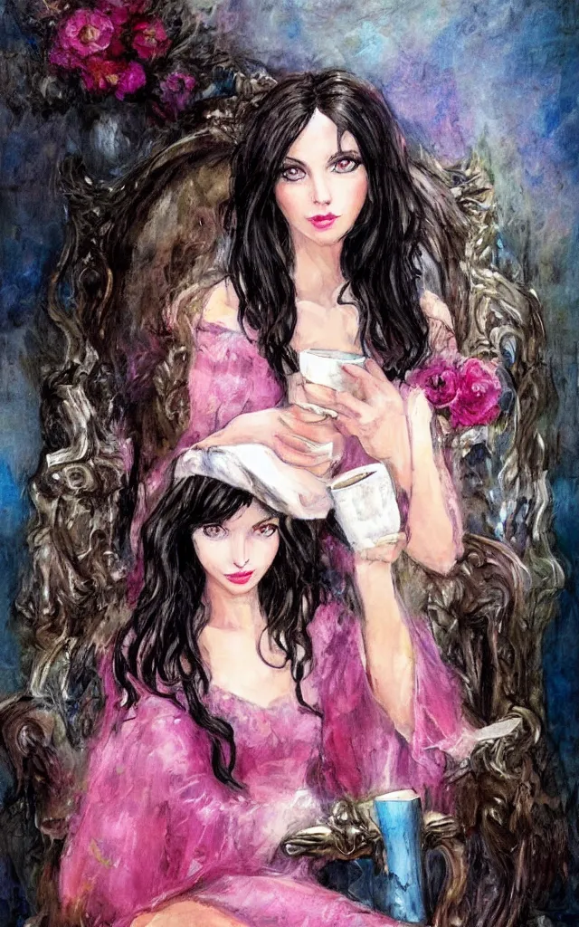 Prompt: beautiful young dark haired girl, with blue eyes, pink lips, dark eye shadow, lois royo style, dark princess of coffee, sitting on a throne drinking coffee.