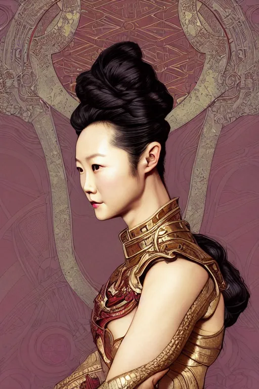 Image similar to head and shoulders portrait of zhang ziyi in armour, by eve ventrue, michael carson, andreas rochas, john watkiss, casey weldon, artgerm. art nouveau. tarot card by mucha. gloomhaven. swirly intricate linework background. gaudy colors, sharp edges. octane render