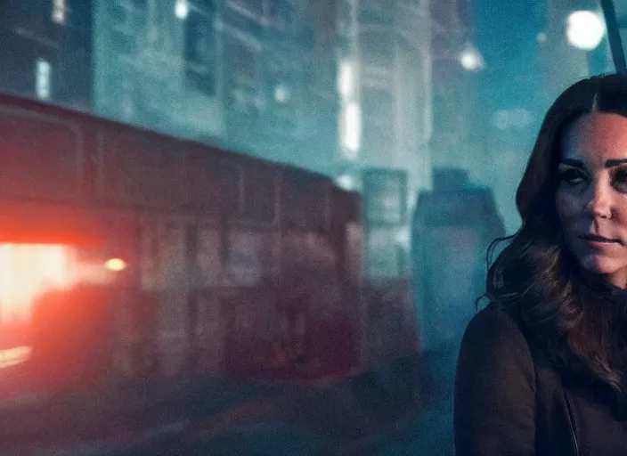 Image similar to a pov shot, color cinema film still kate middleton in blade runner 2 0 4 9, cinematic lighting at night.