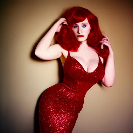 Prompt: film portrait, fine art photography of bryce dallas howard as jessica rabbit, head and shoulders photography. red sequin ballgown dress. kodak ektar 4 0 0. canon f 1. 2. detailed, realistic