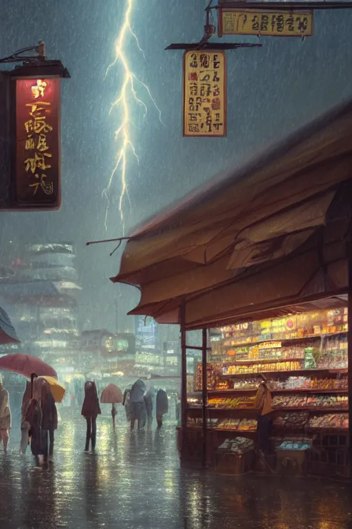 Image similar to a highly detailed matte painting of a single market stall with a sign in lightning storm and heavy rain by studio ghibli, makoto shinkai, by artgerm, by wlop, by greg rutkowski, volumetric lighting, octane render, 4 k resolution, trending on artstation, masterpiece