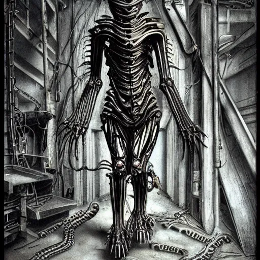 Image similar to a biomechanical tripedal creature designed by giger, horrifying, in an abandoned basement