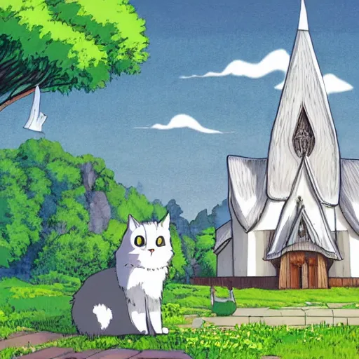 Prompt: illustration of a fluffy grey cat pointing it's paw at a priest in front of a white stave church by studio ghibli fantastic realism ultra - wide angle lens, early morning