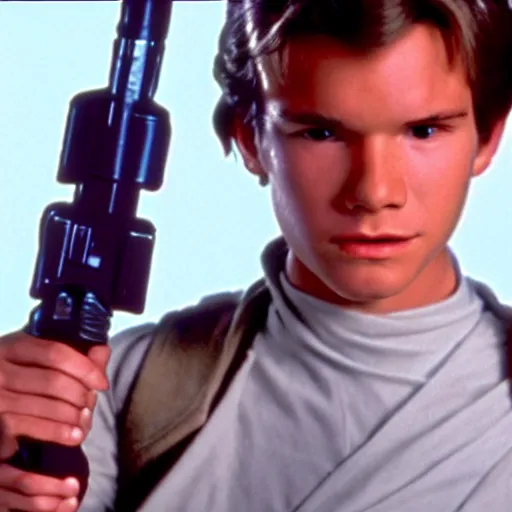 Image similar to A full color still from a film of a teenage Han Solo as a Jedi padawan holding a lightsaber hilt, very cohesive, from The Phantom Menace, directed by Steven Spielberg, 35mm 1990