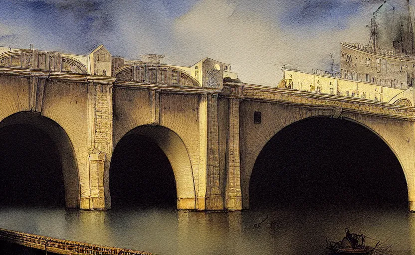 Prompt: city bay bridge aqueduct, colorful watercolor. by rembrandt, ralph mcquarrie, aluminum, 1 6 6 7