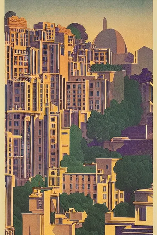 Image similar to resplendent art deco print of Washington, DC, Italy by Hasui Kawase and Lyonel Feininger