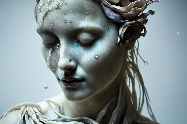 Prompt: the medium shot of sculpture of a beautiful woman with flowing tears, fractal flowers on the skin, intricate, a marble sculpture by nicola samori, behance, neo - expressionism, marble sculpture, made of mist, still frame from the prometheus movie by ridley scott with cinematogrophy of christopher doyle, arri alexa, anamorphic bokeh, 8 k