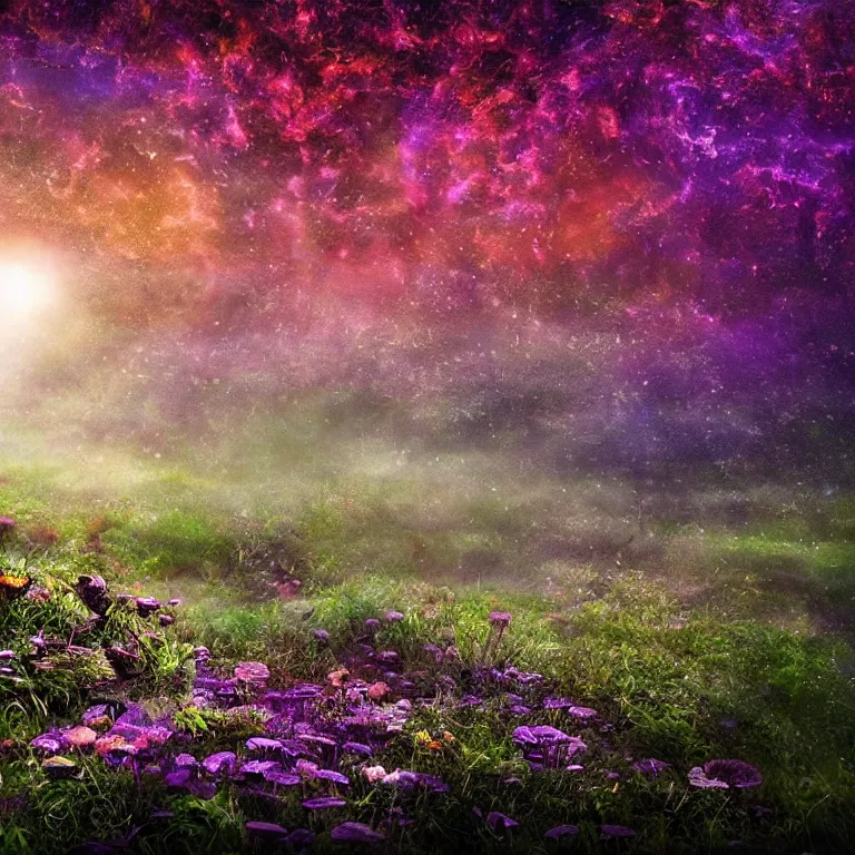 Image similar to a planet of various fungus, mushrooms, flowers and plants, inside the picture is infinity, Atmospheric, artistic photography, conceptual, long exposure outside the city, volumetric light