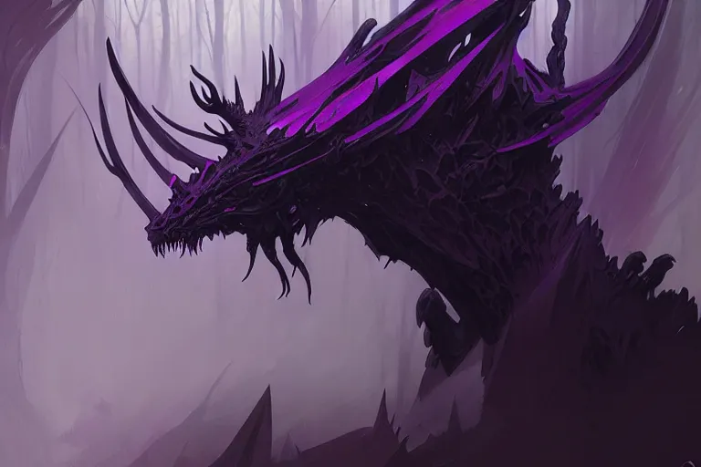 Image similar to concept art of a dispacer beast, d & d creature, by greg rutkowski and alphonse mucha, gradient black to purple, monoliths in a dark forest background, highly detailed, digital painting, artstation, concept art, smooth, sharp focus illustration, artstation hq