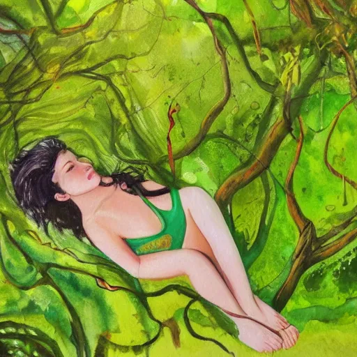 Prompt: a beautiful painting of a female laying down in a green forest, dense moss, lovely vines, watercolors