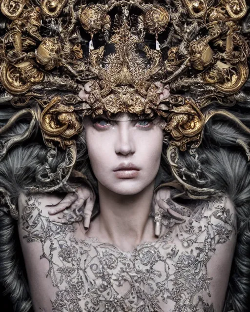 Image similar to a portrait of female by stefan geselle and nekro borja, photorealistic, intricate details, hyper realistic, fantasy, elegant, baroque metal gold headpiece, photorealistic, canon r 3, photography, wide shot, symmetrical features, wide angle shot, head to toe, standing pose, feet on the ground, wearable art