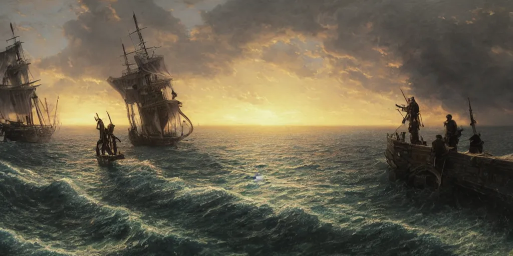 Image similar to two pirates facing each other in death duel, axes, gun, smoldering barrel, gunpowder smoke, dramatic, bloody scene, sunset background, ship on the horizon!, portrait 4 / 3, high detail, greg rutkowski, james gurney, gene wolfe, gustave dore, jesper ejsing, rhads, makoto shinkai, ilya kuvshinov