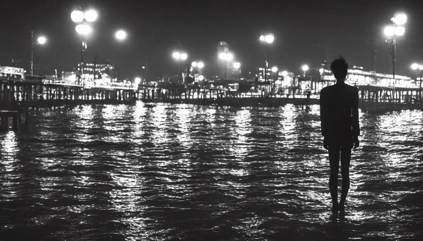 Image similar to 80s asian neon movie still with a lone man levitating over a pier by the river at night with city lights behind his back. Fallen angels movie still. hyperrealistic, photorealistic, high definition, medium format photography, highly detailed, tehnicolor, anamorphic 50mm lens