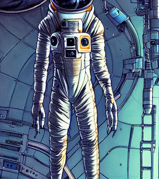 Image similar to cyberpunk astronaut with long limbs on a spacewalk outside of their ship, techwear, Industrial Scifi, detailed illustration, character portrait, by Martin Grip and Moebius