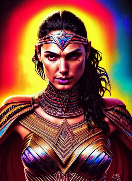 Image similar to portrait of gal gadot, hyper detailed ultra sharp aztec shaman warrior. trending on artstation, warpaint aesthetic, bloodwave, colorful, psychedelic, ornate, intricate, digital painting, concept art, smooth, sharp focus, illustration, art by artgerm and greg rutkowski and h. r. giger, 8 k