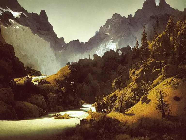 Prompt: an oil painting of an alpine river and a distaint mountain on a beautiful morning by beksinski carl spitzweg and tuomas korpi. baroque elements, full-length view. baroque element. intricate artwork by caravaggio. Trending on artstation. 8k