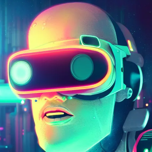 Image similar to cyberpunk concept cool cyborg bot, cinema 4 d, galaxy, cosmos, ufo, space sci - fi, wearing vr goggles, illustration, portrait, pastel neon textured background night, trending on artstation, greg rutkowski, octane rendered, 1 2 k, detailed,