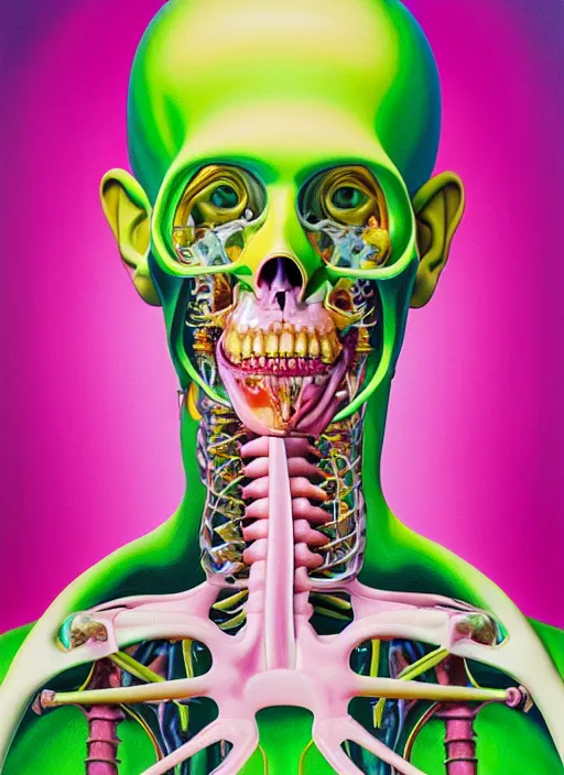 Image similar to a beautiful and highly detailed painting of an anatomical portrait wearing overalls, inside a grand room lined with paintings, emotionally expressive, oil painting, soft light, pink and green olour palette, cinematic composition, cinematic lighting, sharp focus, masterpiece by shusei nagaoka kaws, david rudnick, airbrush on canvas, pastell colors, cell shaded 8 k