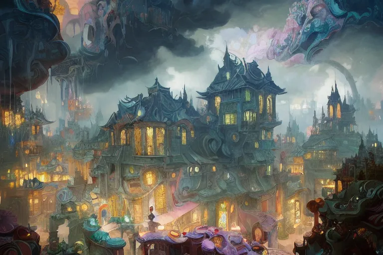 Image similar to multiversal otherworldly realm with streets and shops and lush garden and intricate luxurious homes, allegorical style, high detailed, octane render, serene, by peter mohrbacher, jeremy mann, francoise nielly, van gogh, ross tran, beautiful, award winning scenery