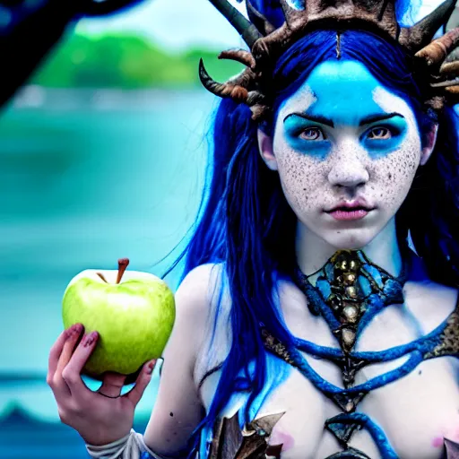 Image similar to a dnd Triton girl with blue skin and messy black hair wearing an elaborate costume made out of seashells sitting on the deck of a ship and holding an apple, a little blue-skinned girl with messy black hair sharp pointed ears freckles along the ridges of her cheeks, dnd triton, high resolution film still, 4k, HDR colors