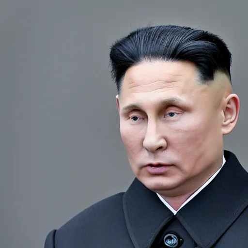 Image similar to 35mm photo of kim jong putin. highly detailed 8k, high quality, nikon d850