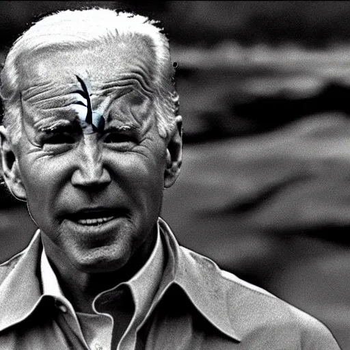 Prompt: film still, close up, joe biden rising out of muddy vietnam river, face covered in mud, low camera angle at water level, film still from apocalypse now ( 1 9 7 9 ), 2 6 mm,