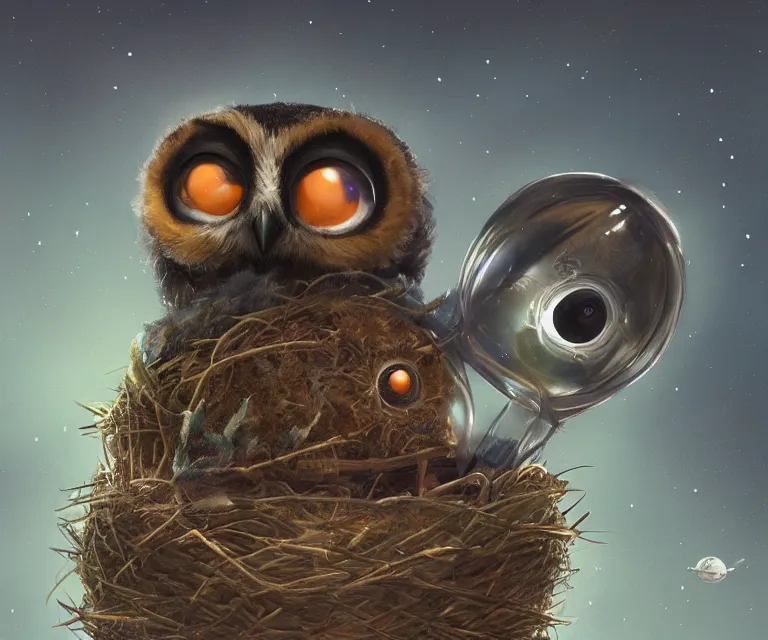 Image similar to long shot of a very cute owl chick nesting in a very futuristic cup, esao andrews, humorous illustration, hyperrealistic, big depth of field, warm colors, night scenery, low light, 3 d octane render, 4 k, conceptart, hyperdetailed, hyperrealistic, trending on artstation