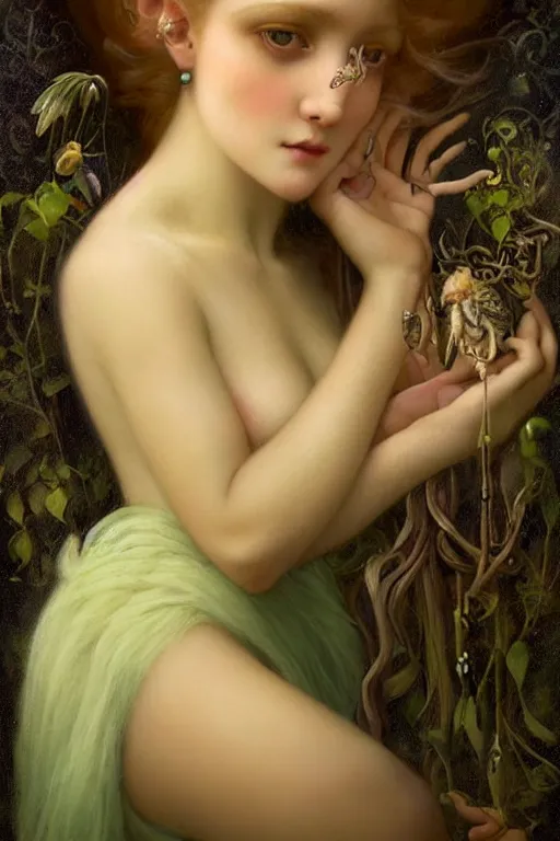 Image similar to An extremely beautiful young girl explaining the birds and the bees by Tom Bagshaw in the style of a modern Gaston Bussière, art nouveau, art deco, surrealism. Extremely lush detail. Melancholic night scene. Perfect composition and lighting. Profoundly surreal. High-contrast lush surrealistic photorealism. Sultry and mischievous expression on her face.