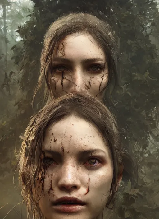 Image similar to A portrait of zombiefid women covered in nature by Greg Rutkowski, Sung Choi, Mitchell Mohrhauser, Maciej Kuciara, Johnson Ting, Maxim Verehin, Peter Konig, final fantasy, 8k photorealistic, cinematic lighting, HD, high details, dramatic, atmospheric , trending on artstation