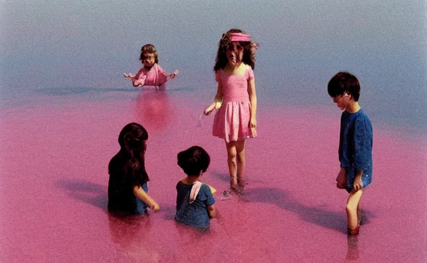 Prompt: kids wearing a codex seraphinianus costume in a pink lake h 1 2 0 0