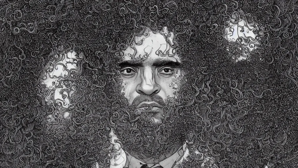 Image similar to highly detailed illustration of a curly - haired persian guy by moebius, nico delort, oliver vernon, kilian eng, joseph moncada, damon soule, manabu ikeda, kyle hotz, dan mumford, otomo, 4 k resolution