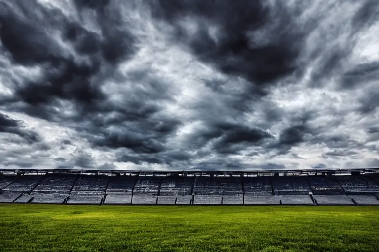 Image similar to modern tv show sky arena surrounded with clouds, wide angle, cinematographic shot, day