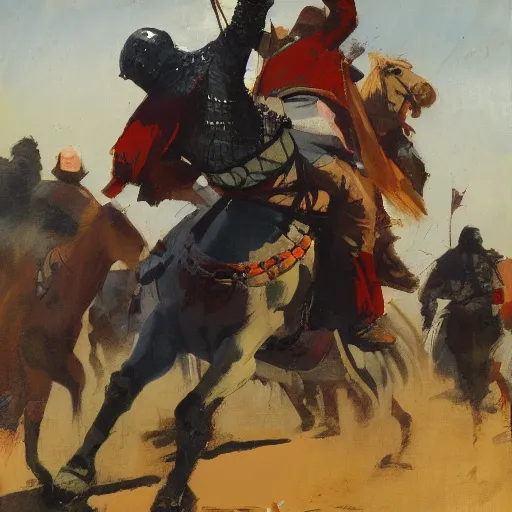 Image similar to man on horseback, wearing chainmail and gambeson, medieval joust by greg manchess, bernie fuchs, walter everett, lost edges