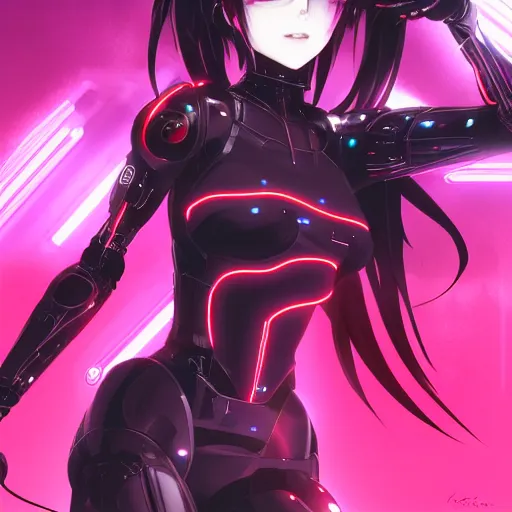 Image similar to digital anime, cyborg - girl refracting reality, black red long hair!, biomechanical details, neon background lighting, reflections, wlop, ilya kuvshinov, artgerm