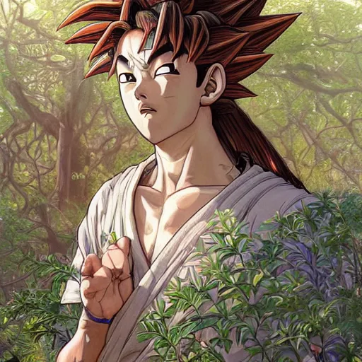 Image similar to intricate detailed portrait painting of goku on a beautiful forest meadow, temple ruins surrounded by lush forest, afternoon, intricate, elegant, highly detailed, digital painting, sharp, focus, illustration art by artgerm and greg rutkowski and alphonse mucha