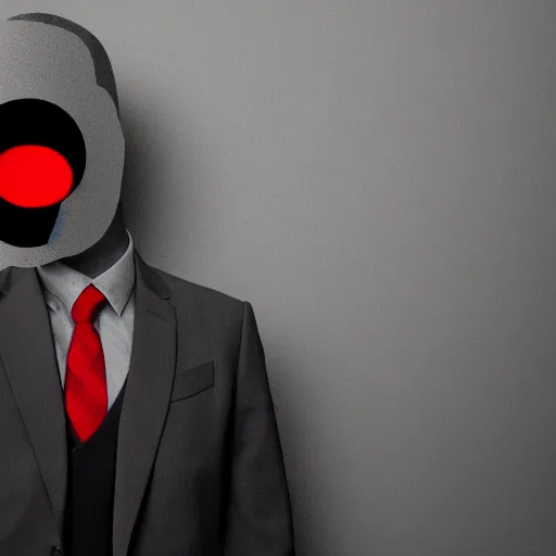 Prompt: abstract black and grey scale, full black suit man with no face and shadows with red eye and darkness and power