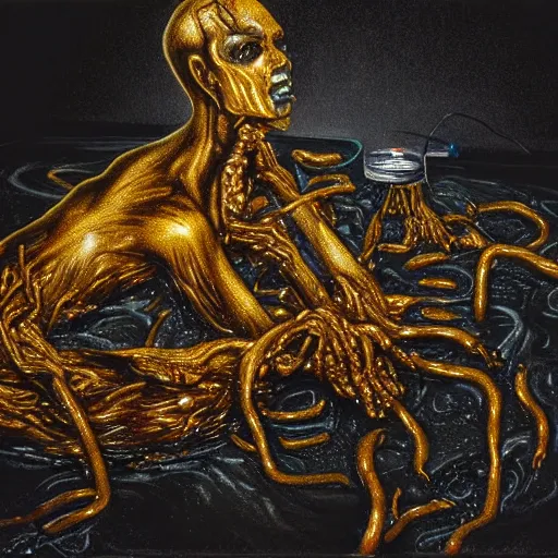 Prompt: realistic coubert dark hi-tech sci-fi lab at night, realistic full body oil painting of hideous and sick shiny black onyx skin human exposed guts crawling in two legs and dripping golden metalic fluid from intestine into a pool of golden liquid on the floor. Smokey atmosphere