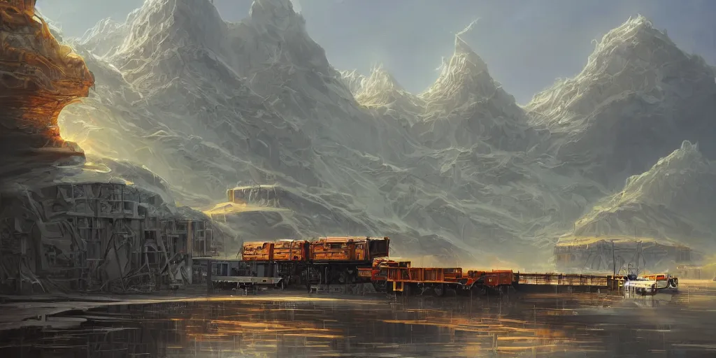 Image similar to artwork of the brightsea depot, by michael whelan, trending on artstation, cinematic view, exquisite, breathtaking, sea