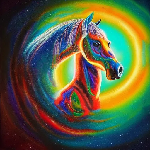 Prompt: psychedelic portrait painting of a horse emerging from a black hole in space