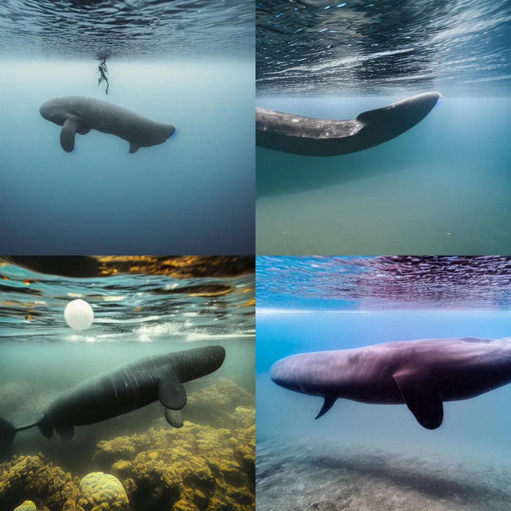 Prompt: photo of under water view of sperm whale, full figure, small plastic bags floating like jelly fish