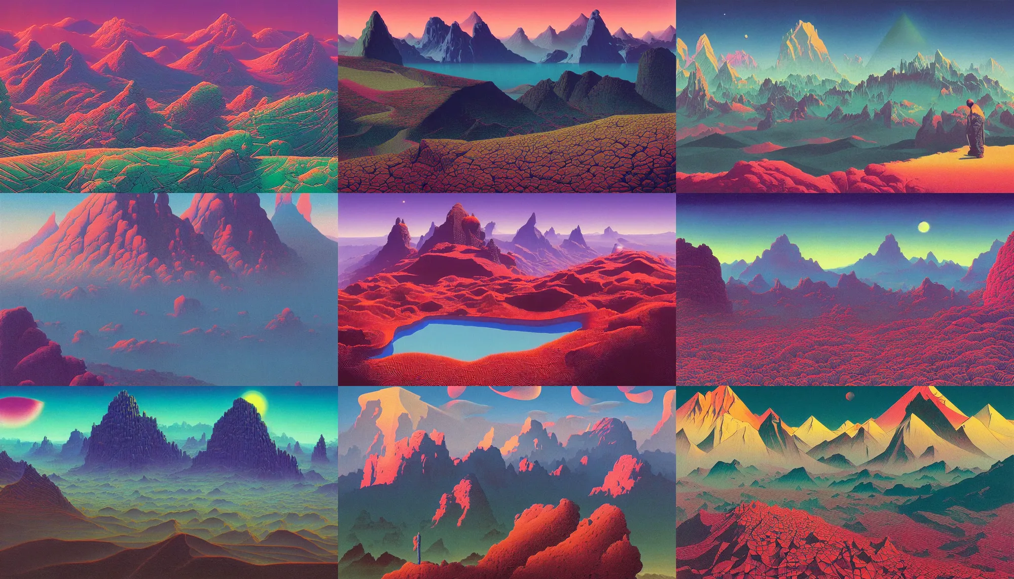 Prompt: beautiful painting of a beatiful scenic mountain range surrounded by holographic Myrtle squares, retro tech, vaporwave, by Jean Giraud and Zdzisław Beksiński and Chesley Bonestell