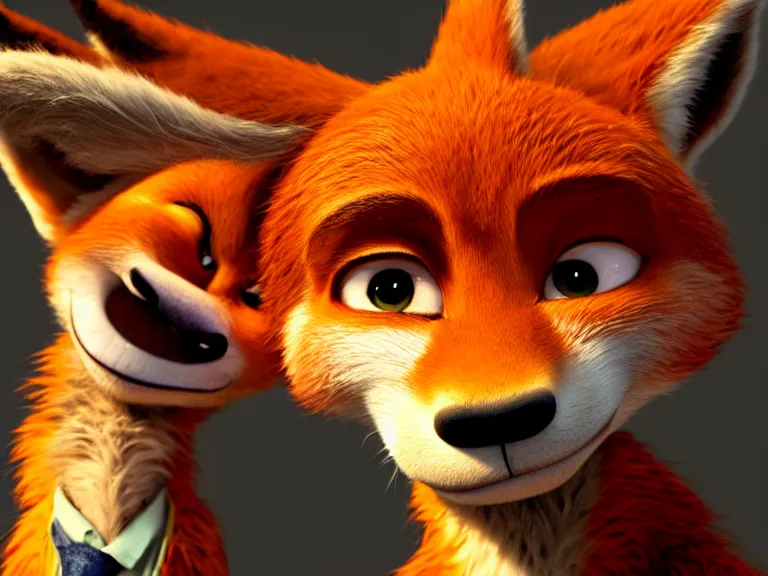 Image similar to a film still from zootopia main character portrait anthro anthropomorphic fox head animal person fursona nick wilde pixar and disney animation, sharp, rendered in unreal engine 5, anime key art by greg rutkowski, bloom, dramatic lighting chaotic cursed multiple pupils texture disaster bad modeling beginner render