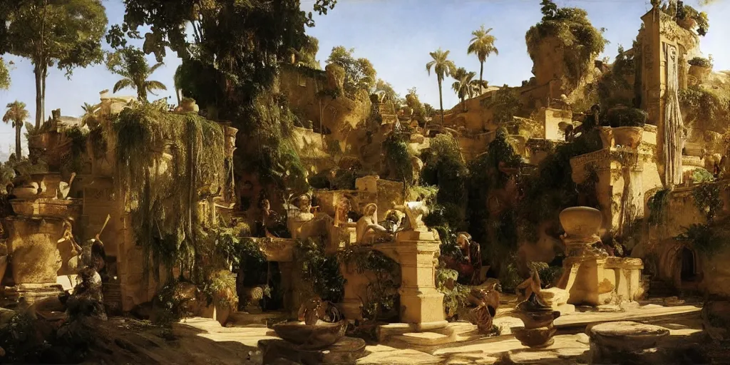 Image similar to beautiful landscape oil matte painting, of bustling empire hanging gardens of babylon, art by anders zorn, wonderful masterpiece highly detailed, beautiful cinematic light deep focus, elegant, digital painting, smooth, sharp focus, golden ratio, dramatic illumination, ultra realistic, 8 k, art by artemisia lomi gentileschi and caravaggio