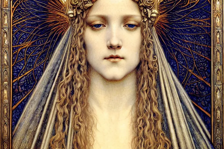 Image similar to detailed realistic beautiful young medieval queen face portrait by jean delville, gustave dore and marco mazzoni, art nouveau, symbolist, visionary, gothic, pre - raphaelite. horizontal symmetry