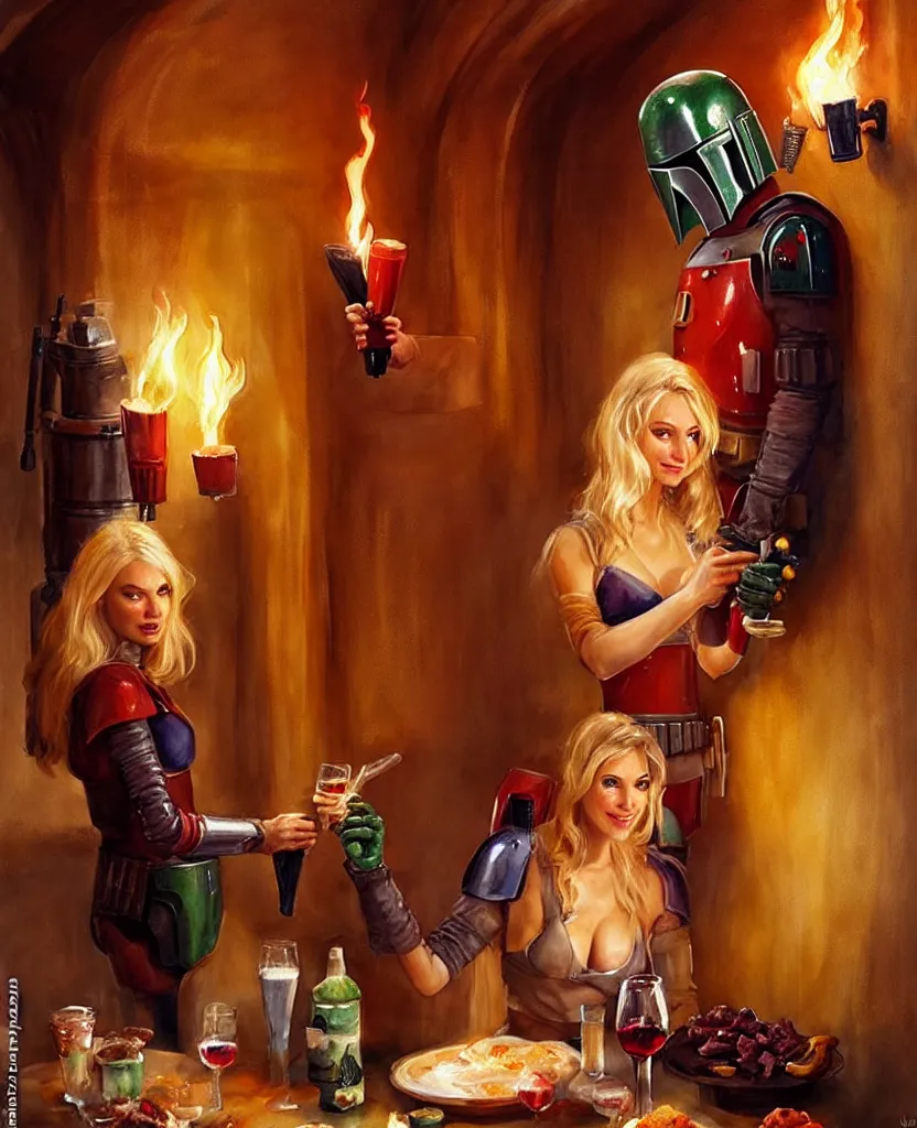 Image similar to blonde hot woman in wine cellar,! boba fett!, drinking beer, eating meat, cozy, inviting, atmospheric, torches on the wall, watercolor by vladimir volegov